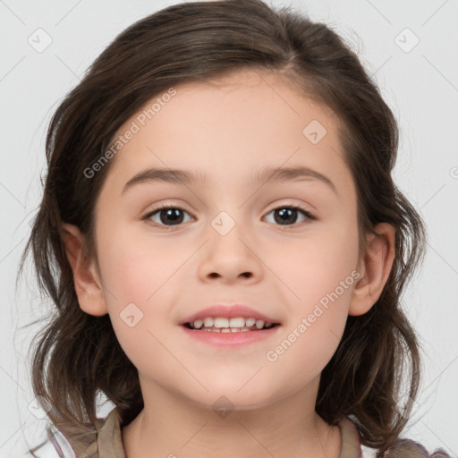 Joyful white child female with medium  brown hair and brown eyes