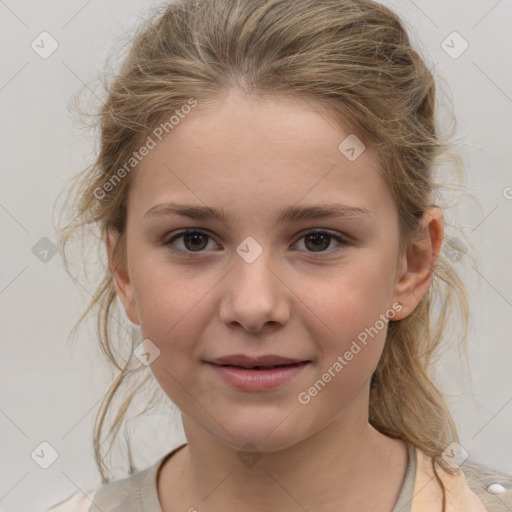 Joyful white child female with medium  brown hair and grey eyes