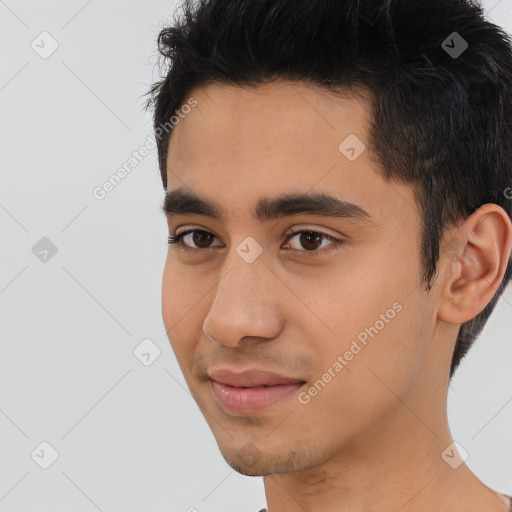 Neutral asian young-adult male with short  brown hair and brown eyes