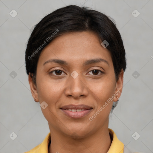 Joyful latino young-adult female with short  brown hair and brown eyes