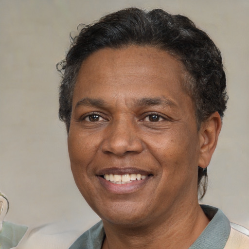 Joyful black adult male with short  brown hair and brown eyes