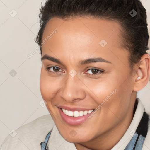 Joyful white young-adult female with short  brown hair and brown eyes