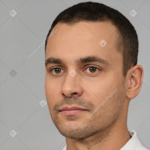 Neutral white young-adult male with short  brown hair and brown eyes