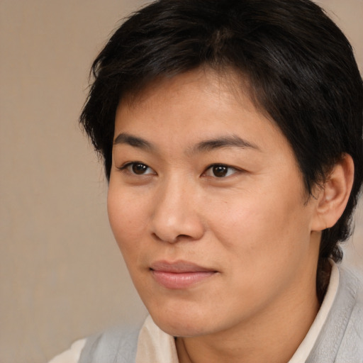 Joyful asian young-adult female with short  brown hair and brown eyes