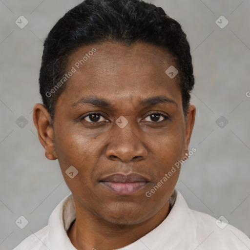 Neutral black young-adult female with short  black hair and brown eyes