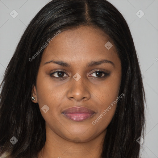 Joyful asian young-adult female with long  brown hair and brown eyes