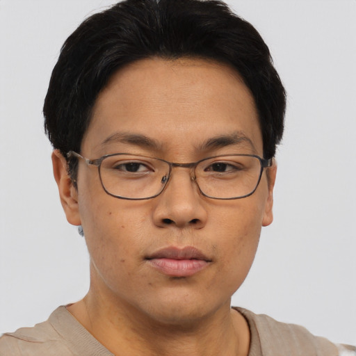 Neutral asian adult male with short  brown hair and brown eyes