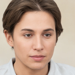 Neutral white young-adult female with short  brown hair and brown eyes