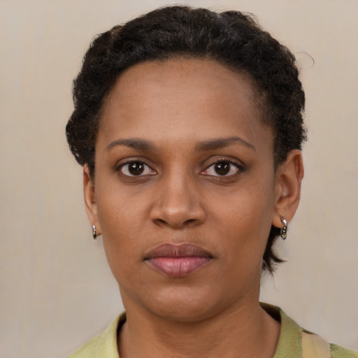 Neutral black young-adult female with short  brown hair and brown eyes