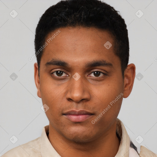 Neutral latino young-adult male with short  black hair and brown eyes