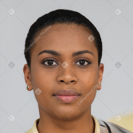 Joyful black young-adult female with short  brown hair and brown eyes