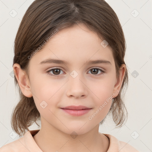 Joyful white child female with medium  brown hair and brown eyes