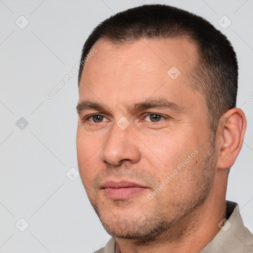 Neutral white adult male with short  brown hair and brown eyes