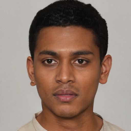 Neutral latino young-adult male with short  black hair and brown eyes