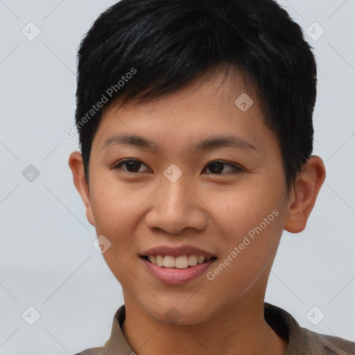 Joyful asian young-adult female with short  brown hair and brown eyes