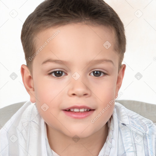 Joyful white child female with short  brown hair and brown eyes