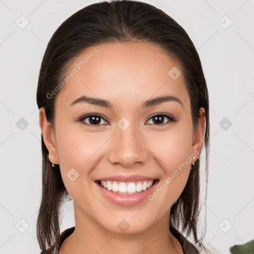 Joyful white young-adult female with medium  brown hair and brown eyes