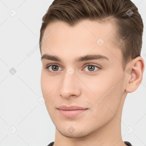 Neutral white young-adult male with short  brown hair and brown eyes