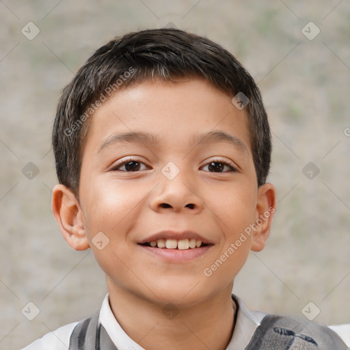 Joyful white child male with short  brown hair and brown eyes