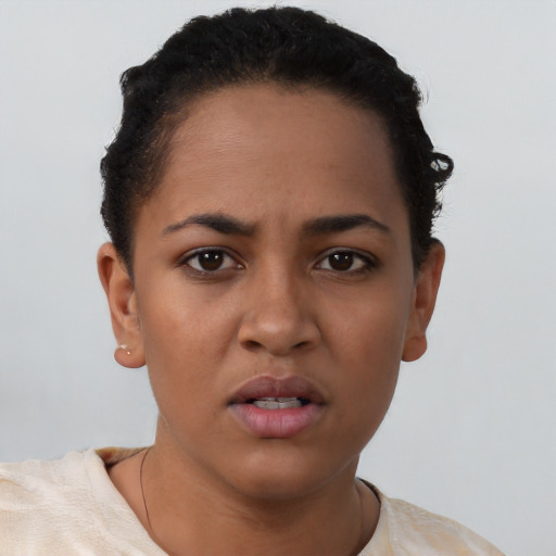 Neutral latino young-adult female with short  black hair and brown eyes