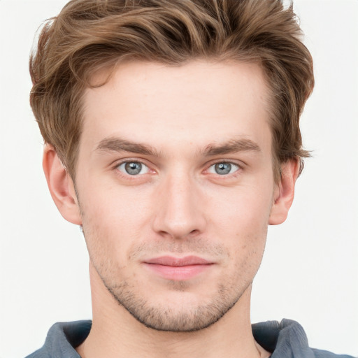 Neutral white young-adult male with short  brown hair and blue eyes