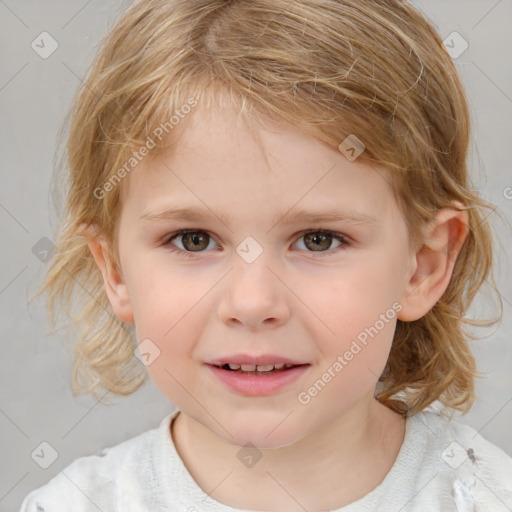 Joyful white child female with medium  brown hair and blue eyes