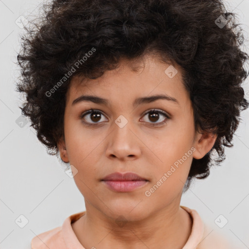 Neutral white young-adult female with short  brown hair and brown eyes