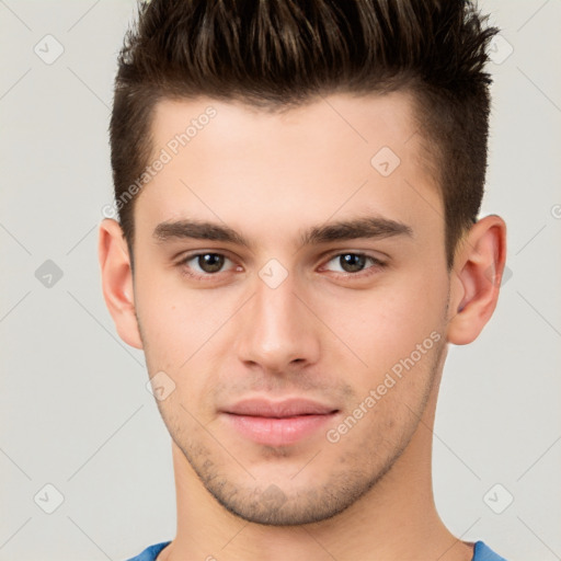 Neutral white young-adult male with short  brown hair and brown eyes