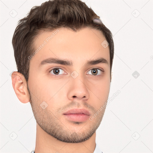 Neutral white young-adult male with short  brown hair and brown eyes