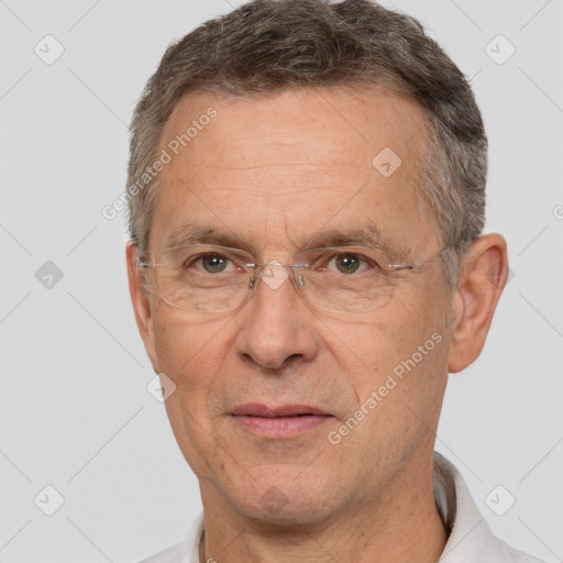 Joyful white middle-aged male with short  brown hair and brown eyes