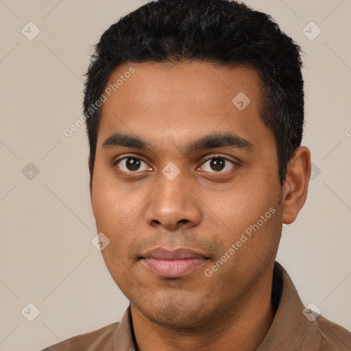 Neutral latino young-adult male with short  black hair and brown eyes