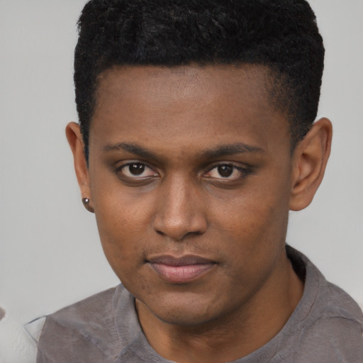Neutral black young-adult male with short  black hair and brown eyes