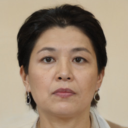 Neutral asian adult female with medium  brown hair and brown eyes