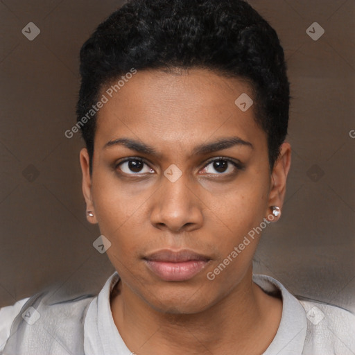 Neutral black young-adult female with short  black hair and brown eyes