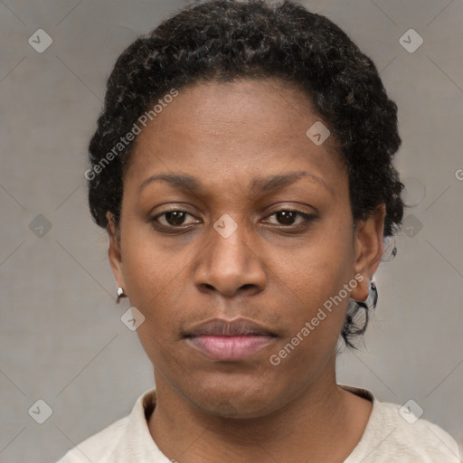 Neutral black young-adult female with short  brown hair and brown eyes