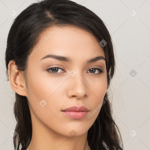 Neutral white young-adult female with long  brown hair and brown eyes