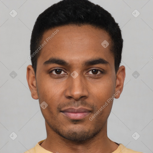 Neutral latino young-adult male with short  black hair and brown eyes