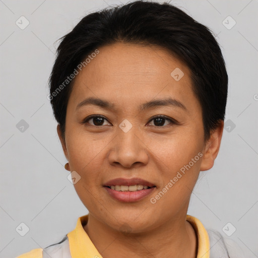 Joyful asian young-adult female with short  brown hair and brown eyes