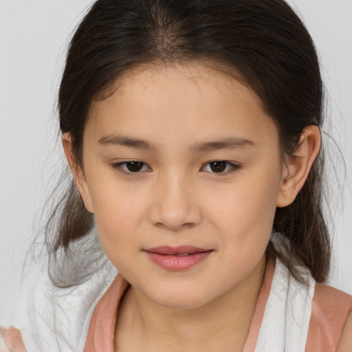 Joyful white child female with medium  brown hair and brown eyes