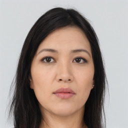 Neutral asian young-adult female with long  brown hair and brown eyes