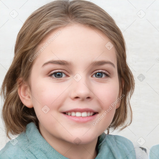 Joyful white child female with medium  brown hair and blue eyes