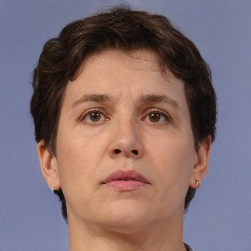 Neutral white adult female with short  brown hair and brown eyes