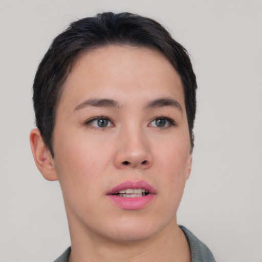 Neutral asian young-adult female with short  brown hair and brown eyes