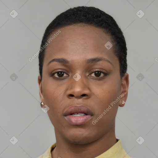 Neutral black young-adult female with short  black hair and brown eyes