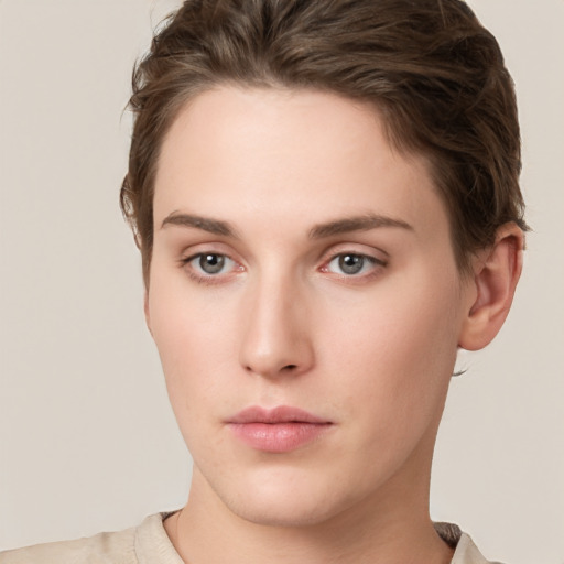 Neutral white young-adult female with short  brown hair and grey eyes