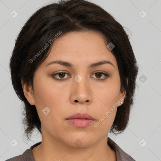 Neutral white young-adult female with medium  brown hair and brown eyes