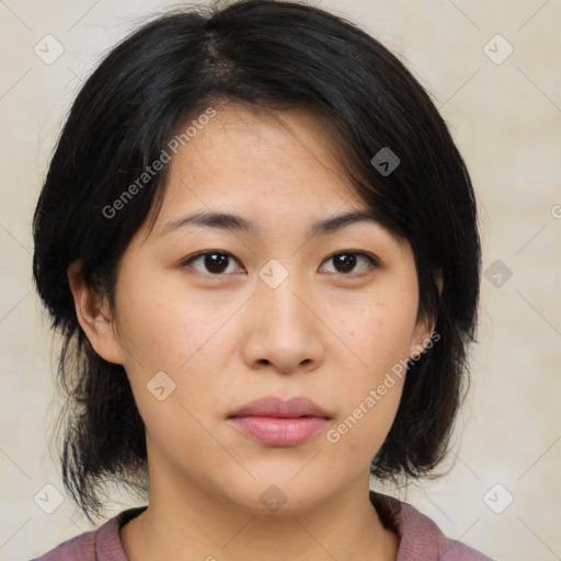 Neutral asian young-adult female with medium  brown hair and brown eyes