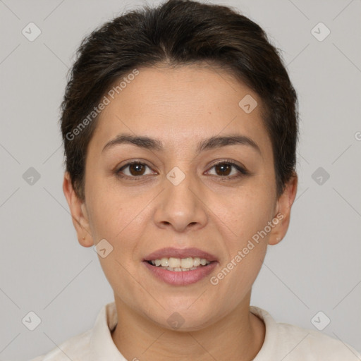 Joyful white young-adult female with short  brown hair and brown eyes