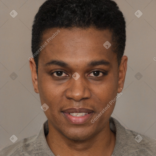 Joyful black young-adult male with short  black hair and brown eyes