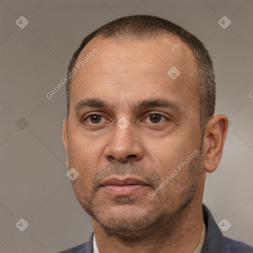 Neutral white adult male with short  brown hair and brown eyes